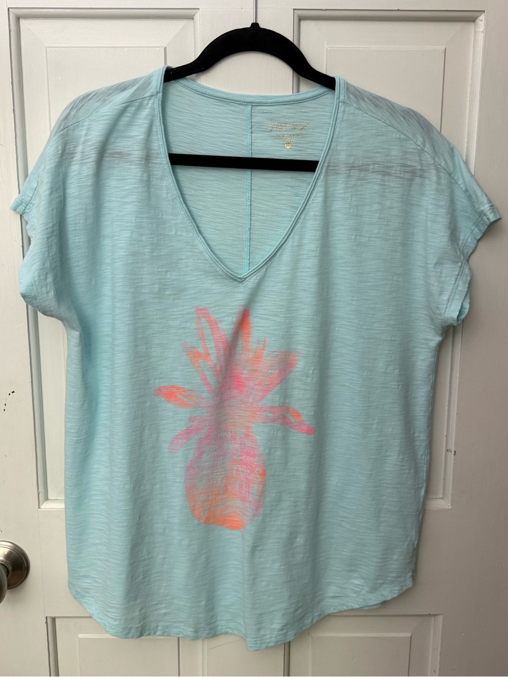 Lilly Pulitzer Light Blue V-Neck Tee with Pink-Orange Pineapple